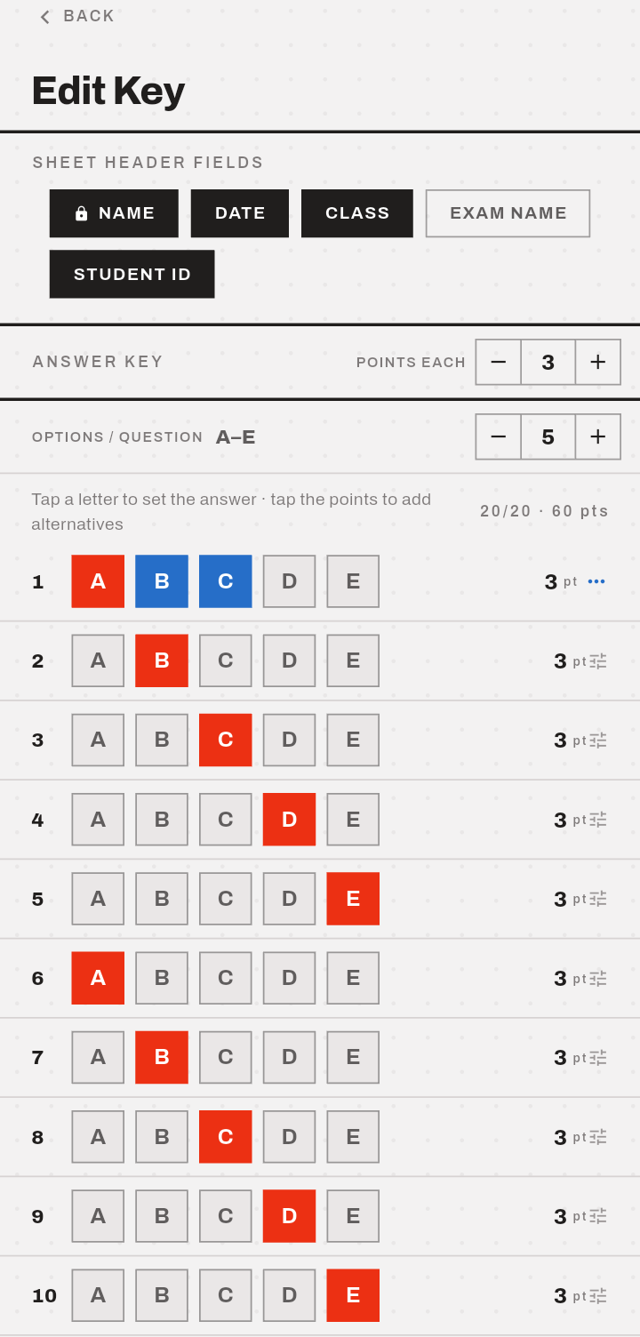 Weighted answer key editor